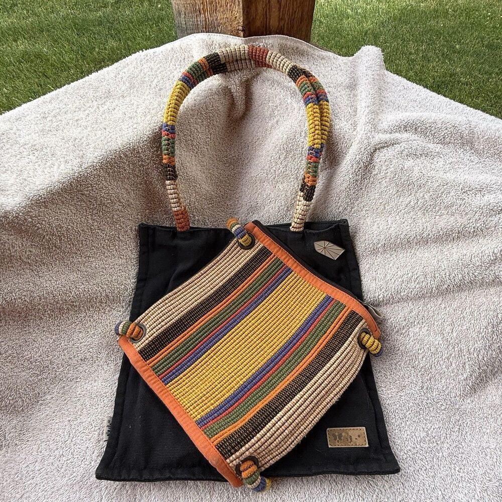 Buzhiyun Black Woven Shoulder bag with Multi colored Cotton Striped Boho Hippie